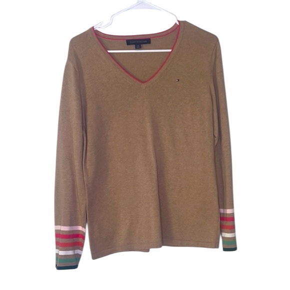 Tommy Hilfiger Sweaters - Tommy Hilfiger Tan V-Neck Sweater with Striped Cuffs